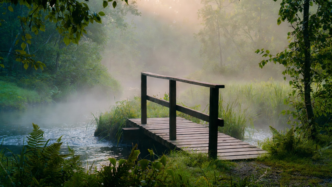 A simple wooden footbridge spanning a small stream in a forest clearing, soft morning fog.