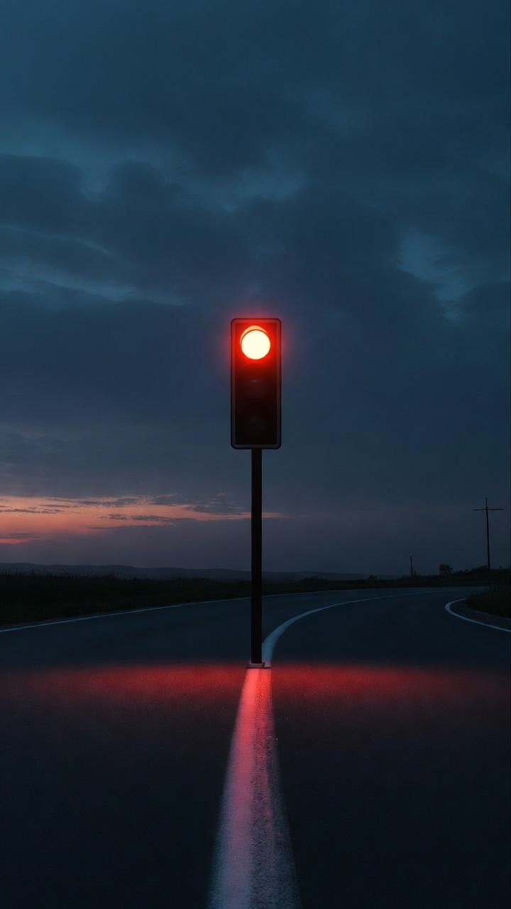 A solitary traffic light glowing red over an empty asphalt road at dusk, no cars, no people, sharp editorial photography.