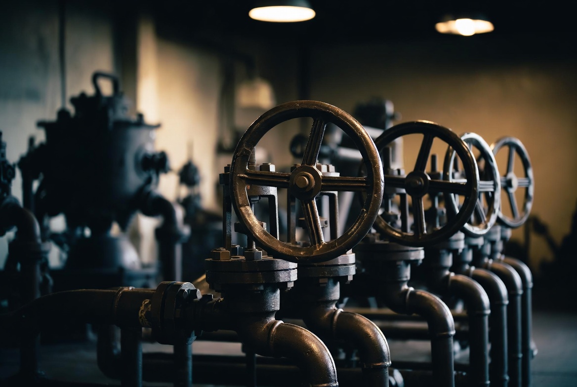 A row of vintage brass and copper rotary valves on an industrial pipe assembly in a dimly lit utility room, one valve partially closed, sharp focus, no people.