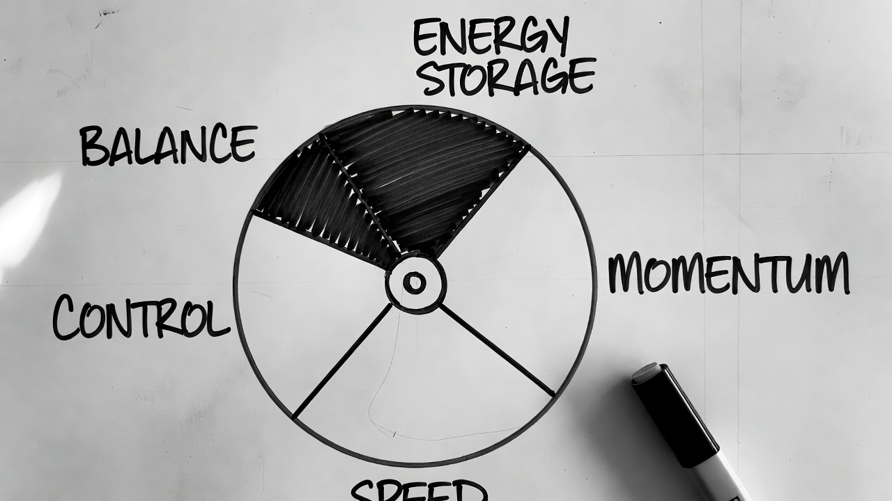 A hand-drawn diagram on a whiteboard showing a circular flywheel with five labeled segments, marker on white, morning light catching the surface at an angle.