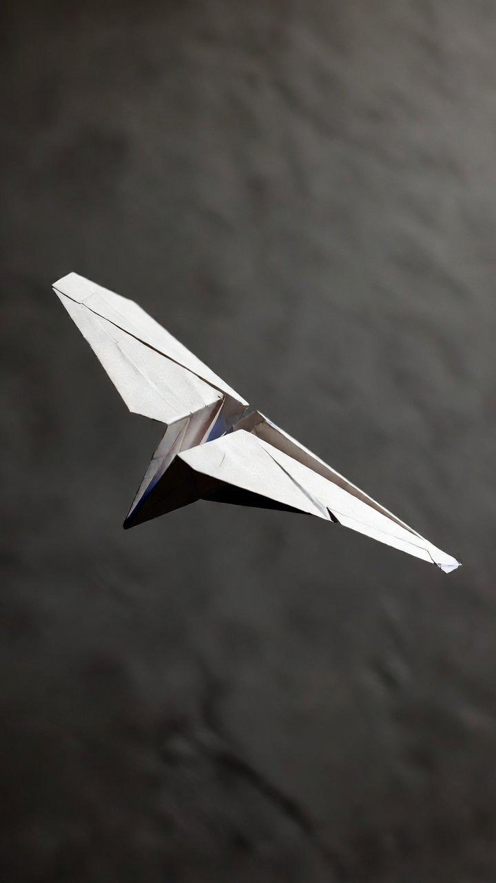 A paper airplane mid-flight against a slate-grey wall, sharp focus on the folded nose, no people, no hands, dramatic single-source side light, editorial.