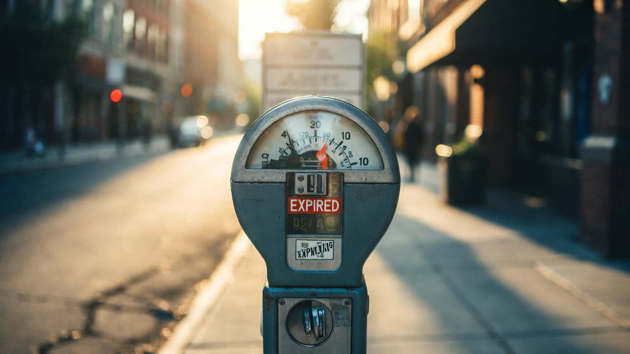 A vintage parking meter showing 'EXPIRED' in its window against a moody urban backdrop.