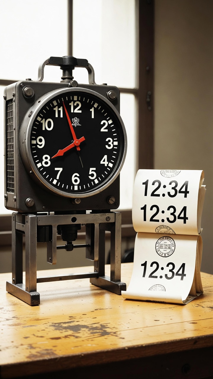 An industrial timestamp clock on a worn wooden desk with two identical printed slips showing the same stamped time stacked beside it, soft window light, no people.
