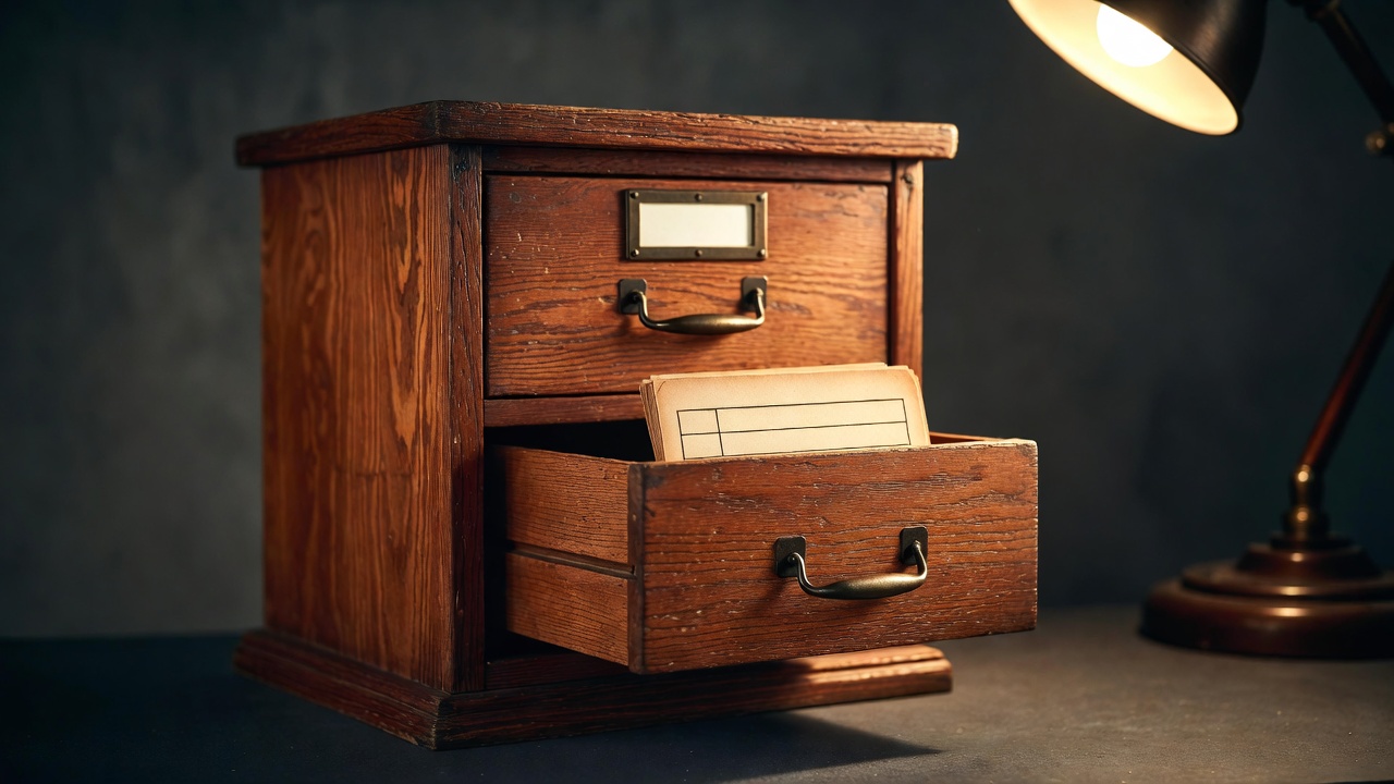 A vintage wooden library card catalog with one drawer pulled out and a single index card visible inside.