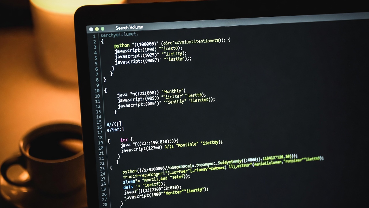 A terminal window showing a raw JSON API response with search volume data, warm amber light on a dark desk, a coffee cup to the left — the quiet of early-morning research work.