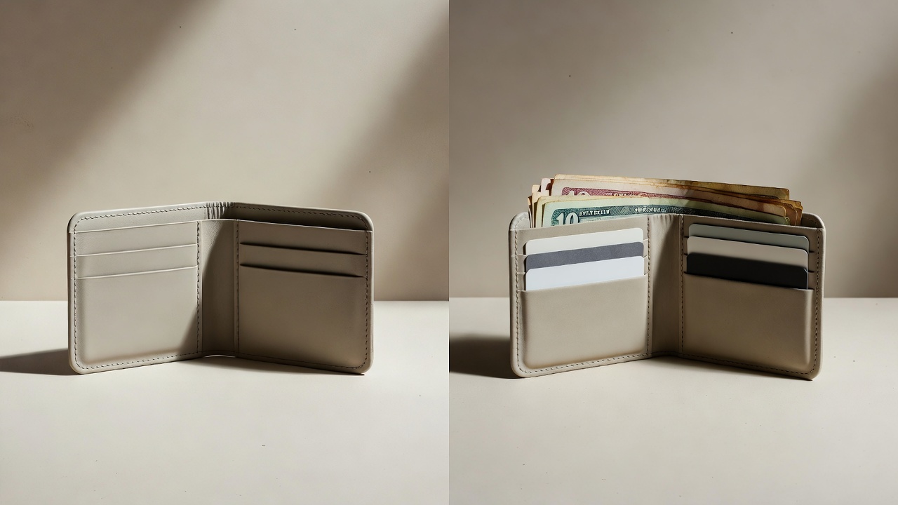 A split photograph: left side shows an empty wallet on a plain surface; right side shows the same wallet, full, on the same surface. Clean light, minimal composition.
