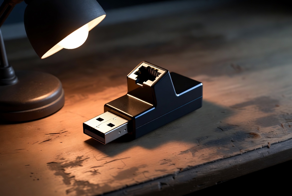 A USB Ethernet adapter on a worn wooden desk under a single warm overhead lamp, macro shot showing the gold contact pins, minimal dark background, no people, editorial.