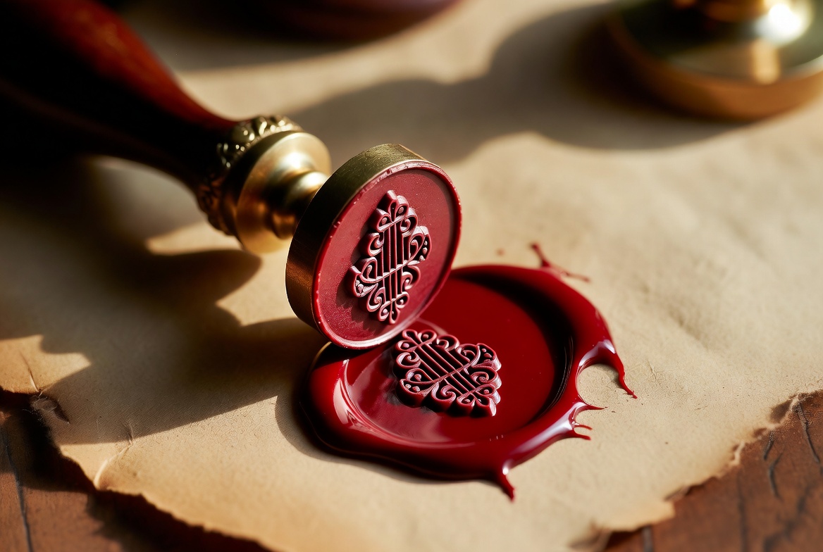 A vintage brass wax seal stamp pressed into a fresh crimson wax pool on parchment, sharp focus on the impression, warm desk light, no people, editorial.