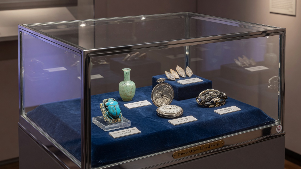 A pristine glass museum display case half-filled with carefully arranged artifacts on velvet, sharp focus on the artifacts, soft museum lighting.