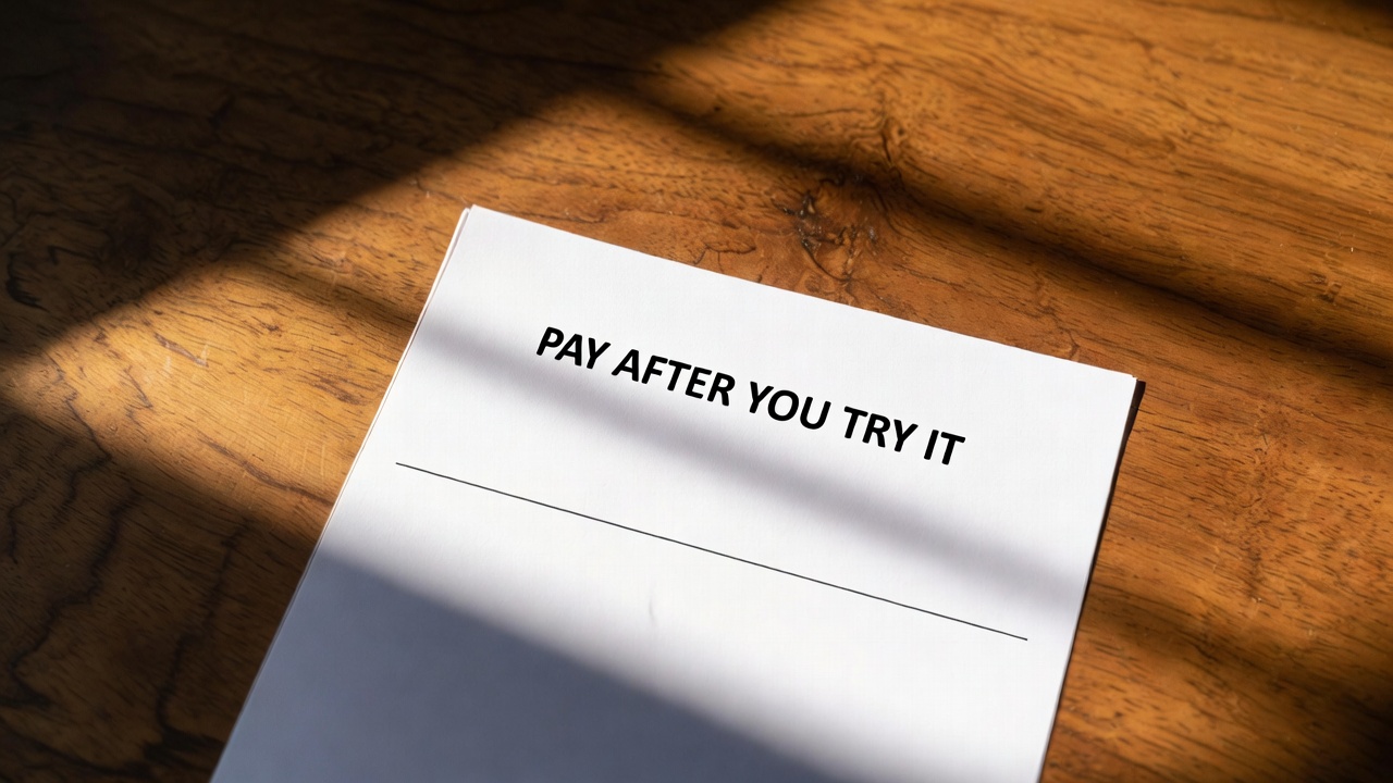 A plain white invoice on a wooden desk, only the line "PAY AFTER YOU TRY IT" visible at the top, no totals or signature line, soft daylight from the left.