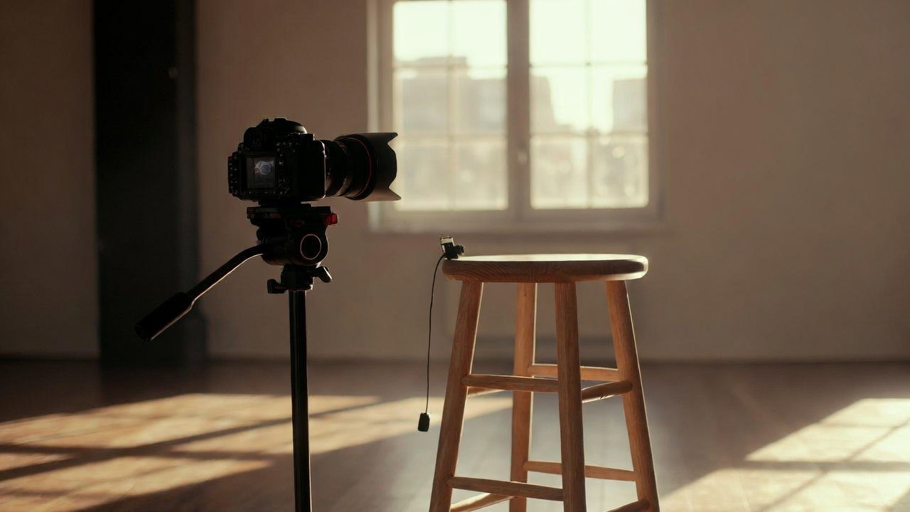 A single camera on a tripod facing an empty wooden stool with a small lavalier mic clipped to it, late-afternoon light through a window — no presenter in frame, just the space waiting.
