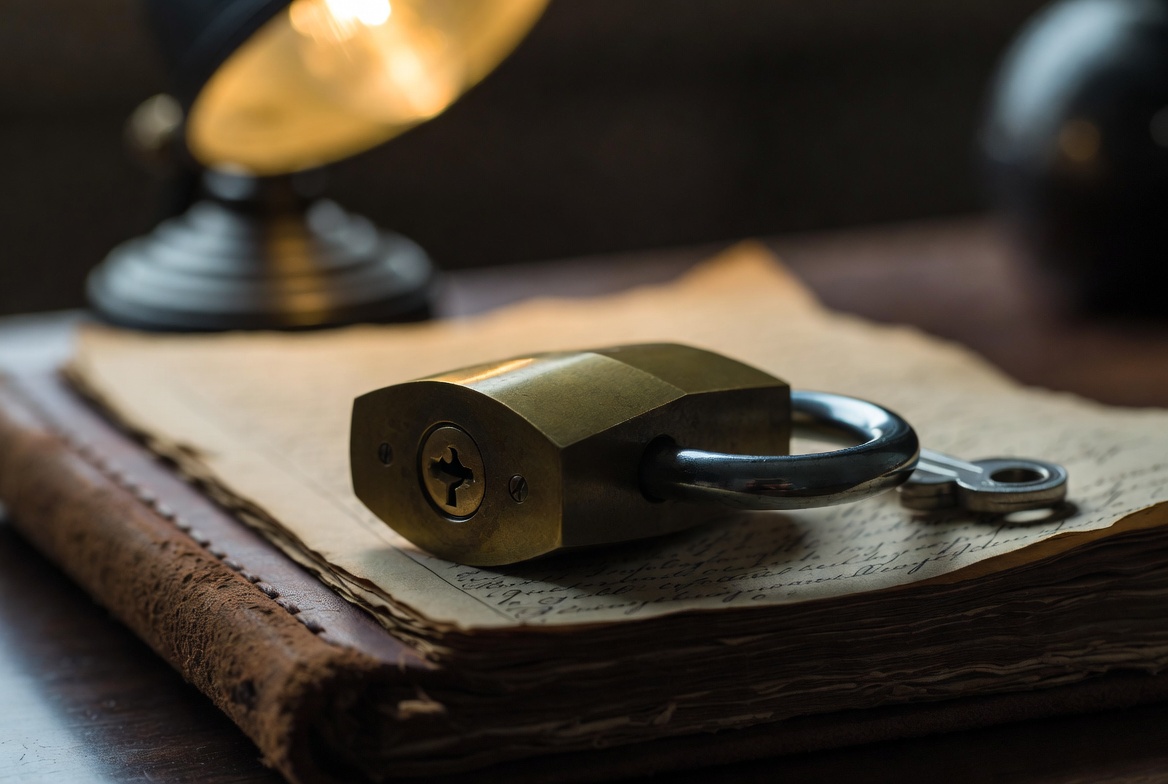 A solid brass padlock with its key still inserted, resting on a worn leather-bound logbook with handwritten entries, soft warm desk light, no people, editorial.