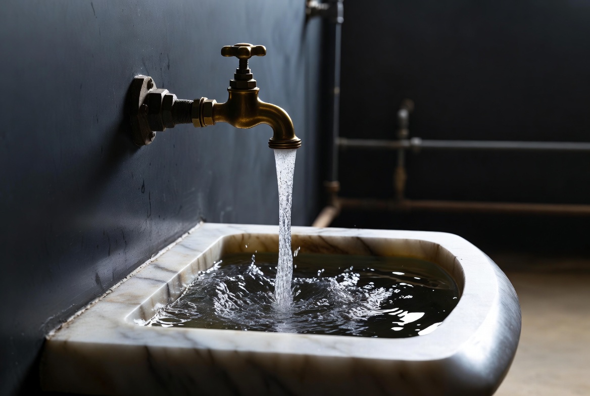 A single brass spigot mid-flow over a polished marble basin in a darkened utility room, sharp focus on the water stream, no people, editorial.