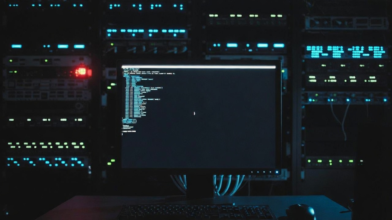 A dark server room with a single computer monitor showing an empty log viewer while a red LED alarm glows on a nearby rack.