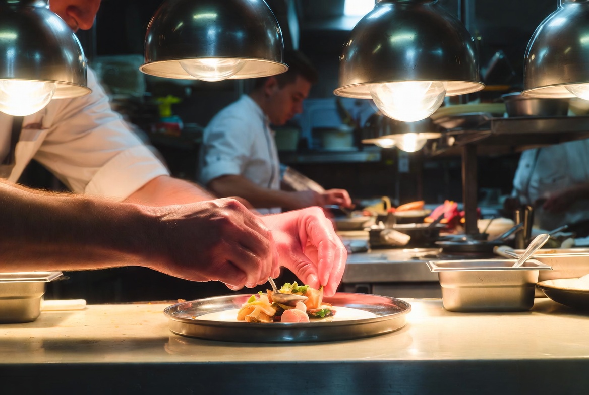 A chef's hands plating a dish on a stainless-steel pass at a busy restaurant kitchen, sharp focus on the plate, background blurred with motion, no faces visible, warm overhead light, editorial.