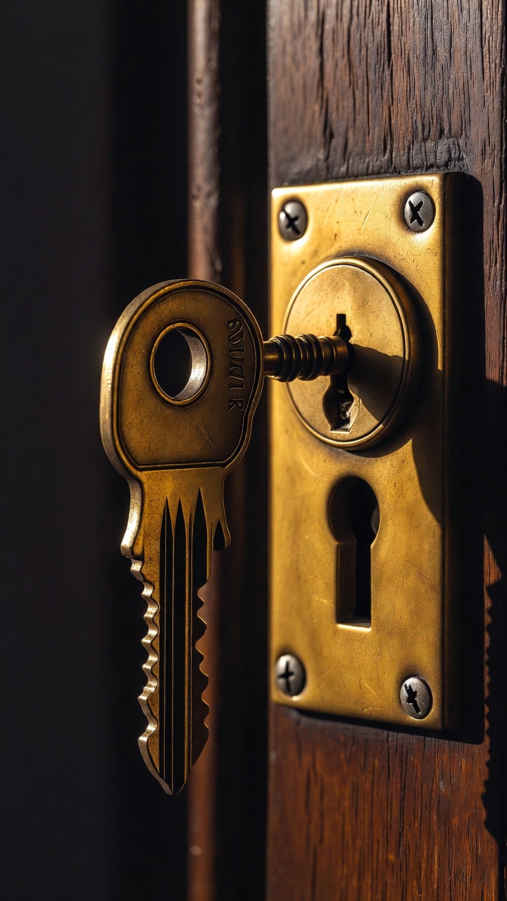 A close-up macro shot of two identical brass keys sliding into the same antique brass door lock simultaneously against a dark wooden door, dramatic side lighting, no people, sharp editorial focus.