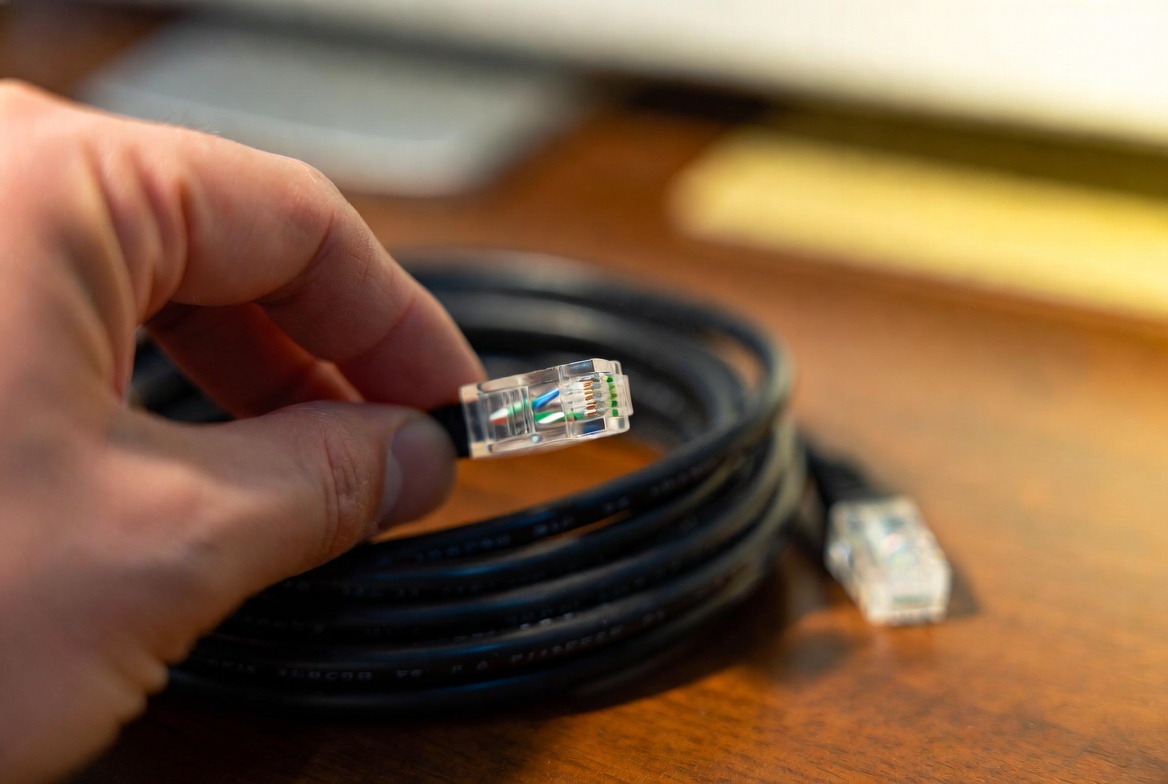 A coiled ethernet cable being gently uncoiled by a single hand against a warm-lit wooden desk, macro focus on the connector tip, soft studio lighting, no people visible above the wrist, editorial.